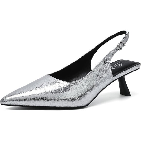 Mostrin Kitten Heel Silver Sh Faux Leather Low Slingback Heels with Buckle - Picture 1 of 9